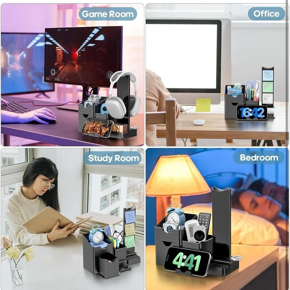 KDD 5-in-1 Desktop Organizer Set Headphone Phone Card‎ Pen Holder Black Plastic